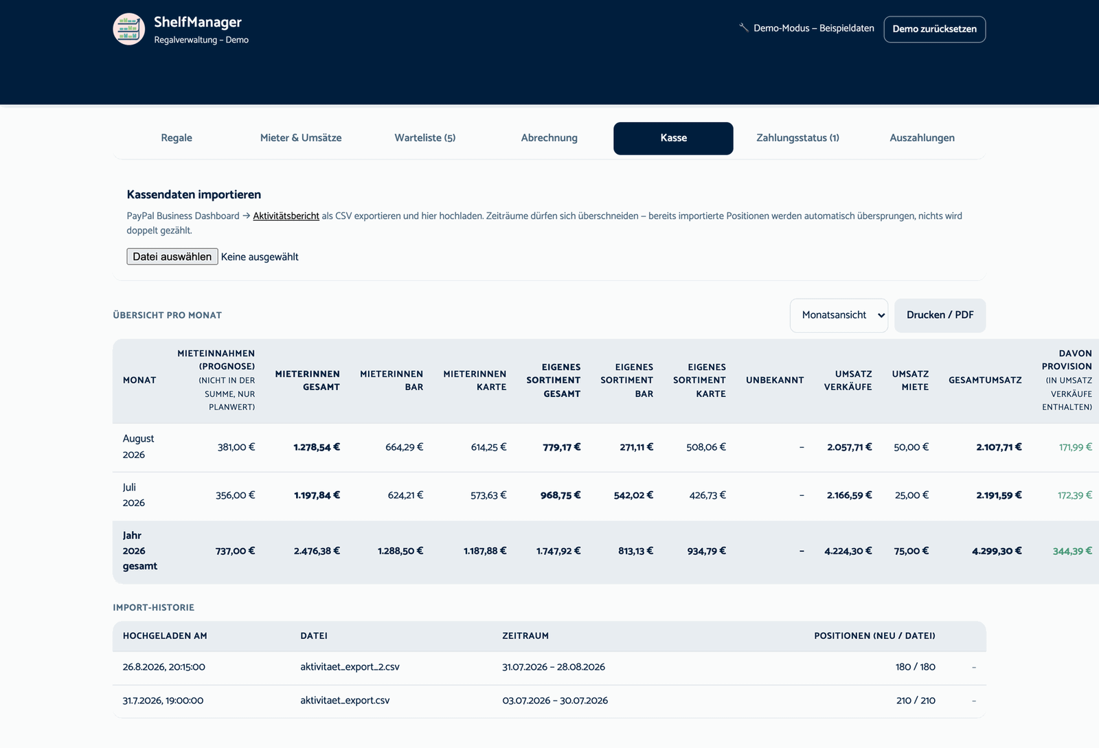 ShelfManager Kassenimport mit Monatsübersicht