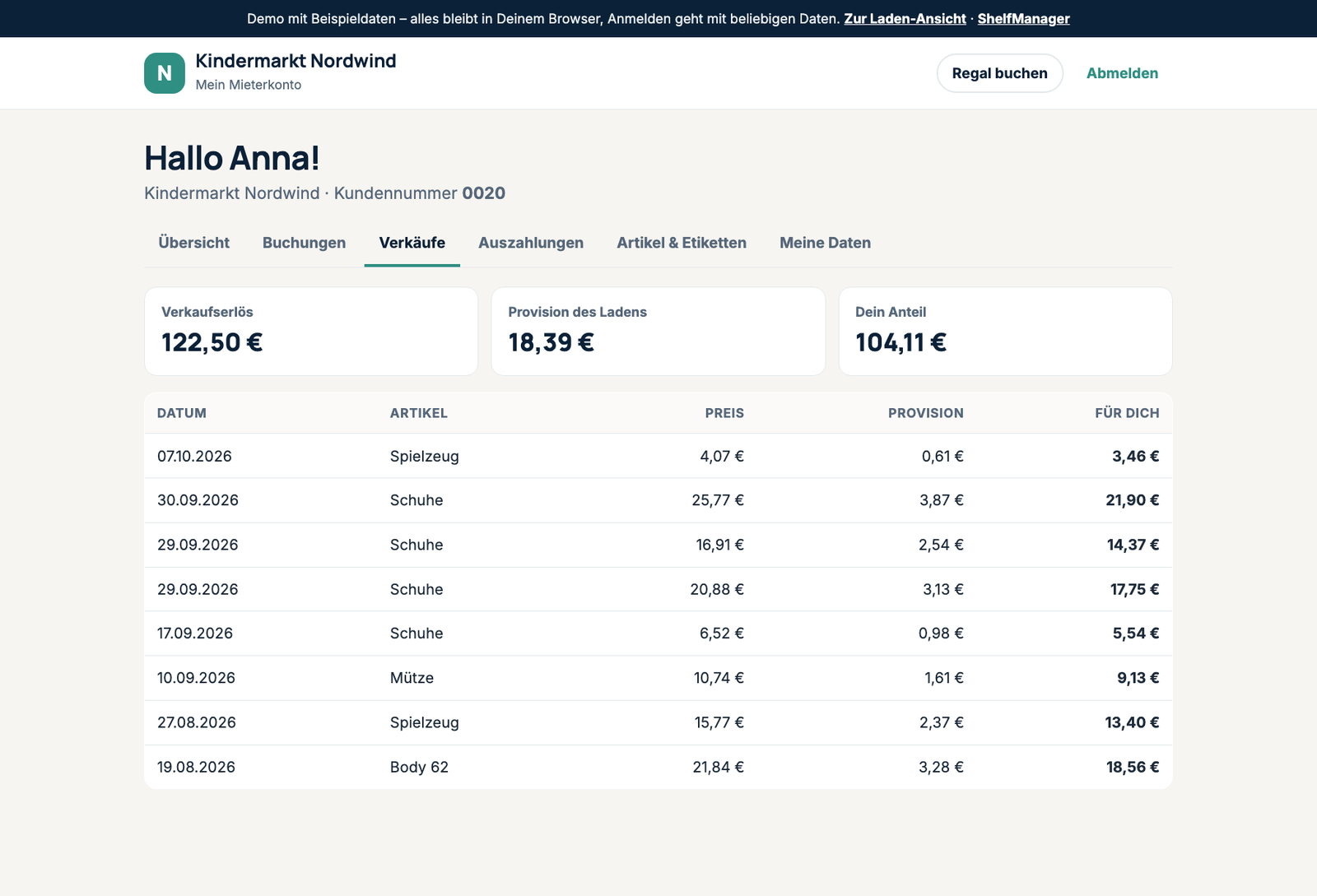 Kundenportal: Verkäufe, Provision und Anteil einer Mieterin (Demo mit Beispieldaten)