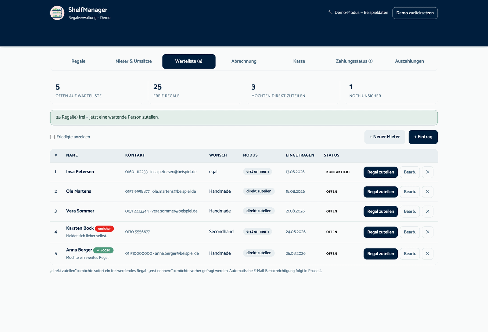 ShelfManager Warteliste mit Namen, Wunschbereich und Status